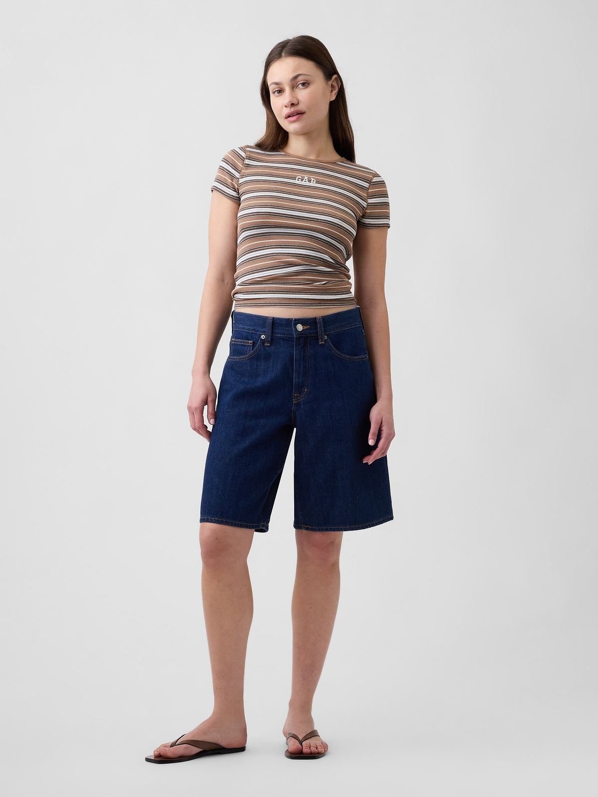 Modern Rib Gap Logo T-Shirt in brown stripe, full-length view on a model