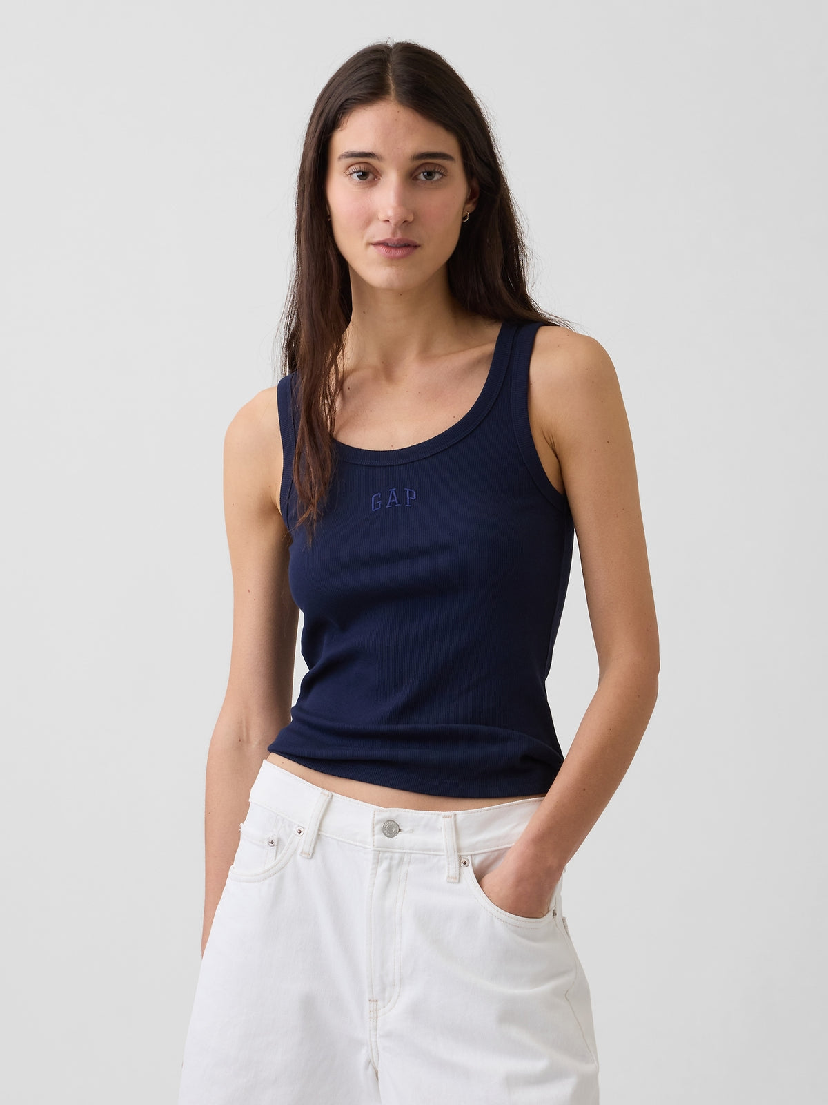 Rib Gap Logo Tank Top in dark night, front view on a model