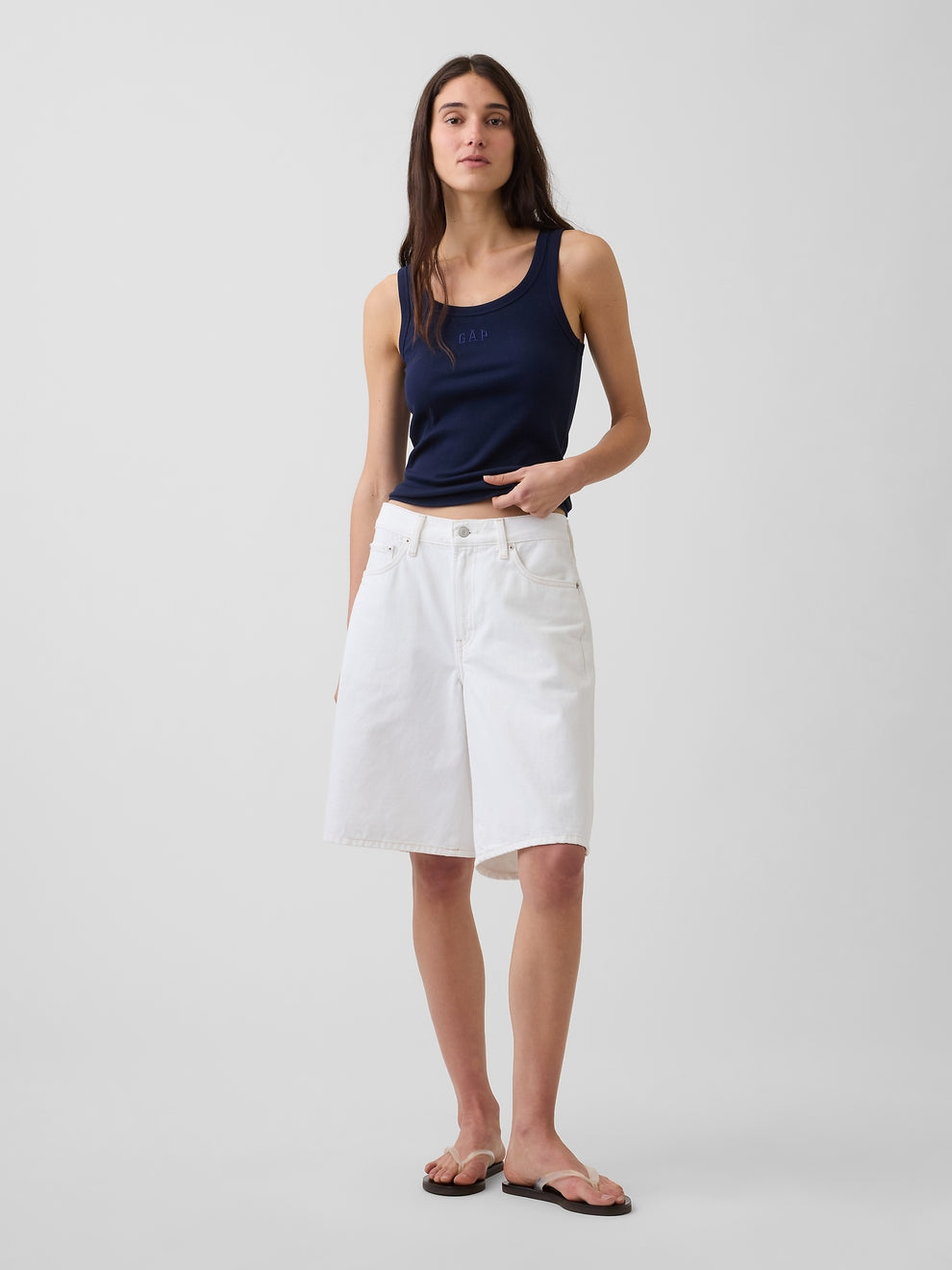 Rib Gap Logo Tank Top in dark night, full-length view on a model