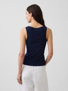 Rib Gap Logo Tank Top in dark night, back view on a model