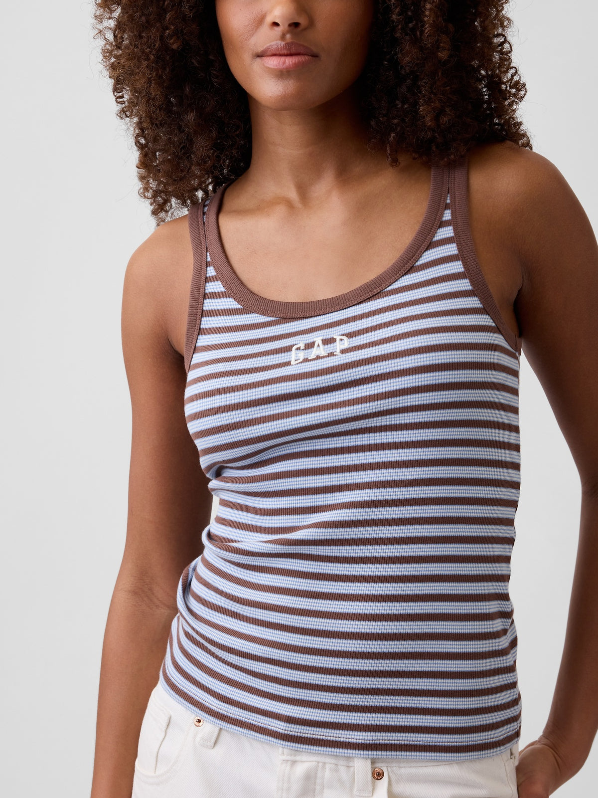 Rib Gap Logo Tank Top in brown stripe, neckline and logo detail
