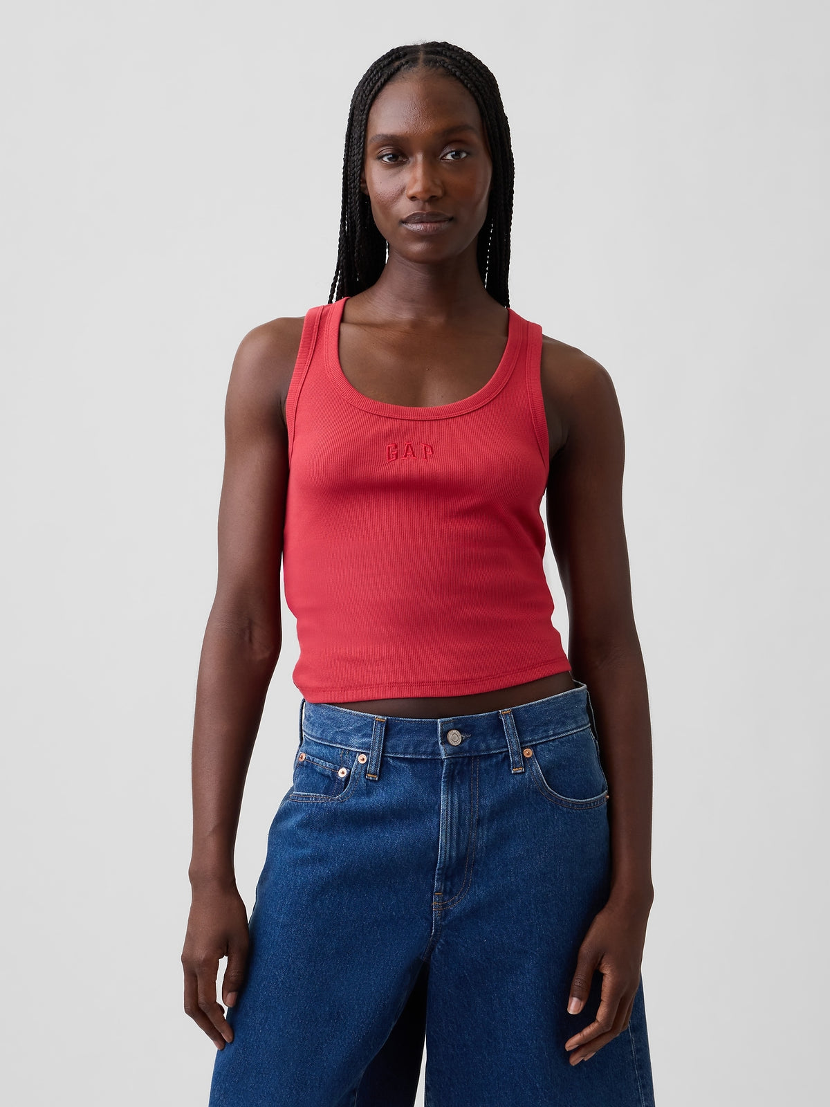 Rib Gap Logo Tank Top in chakra red, front view on a model