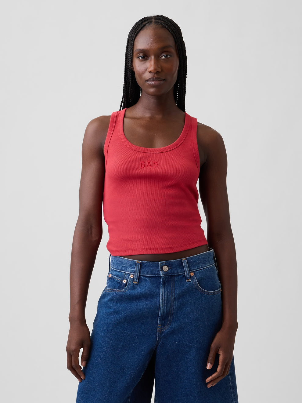 Rib Gap Logo Tank Top in chakra red, front view on a model