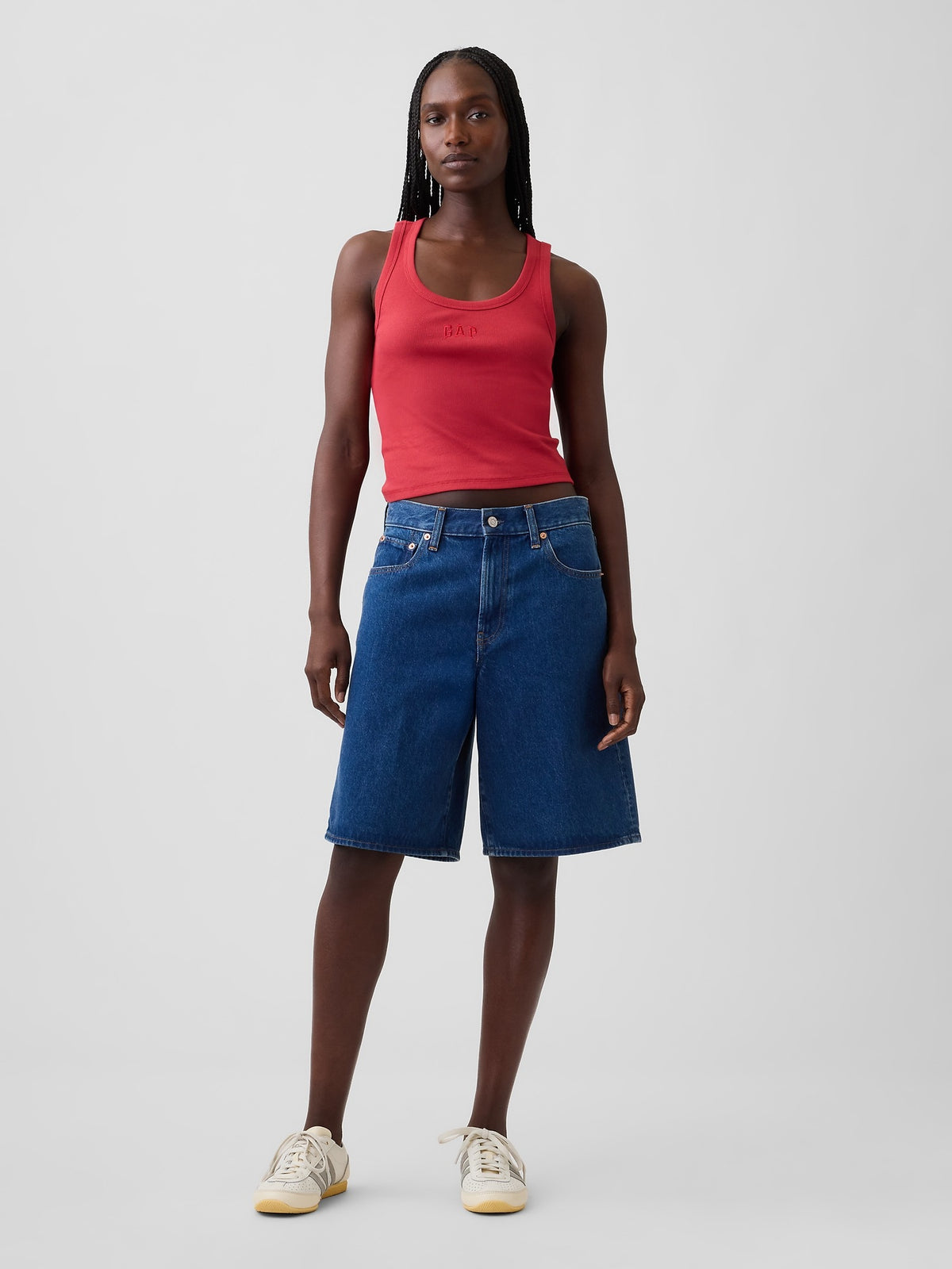Rib Gap Logo Tank Top in chakra red, full-length view on a model