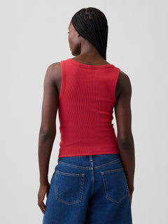 Rib Gap Logo Tank Top in chakra red, back view on a model