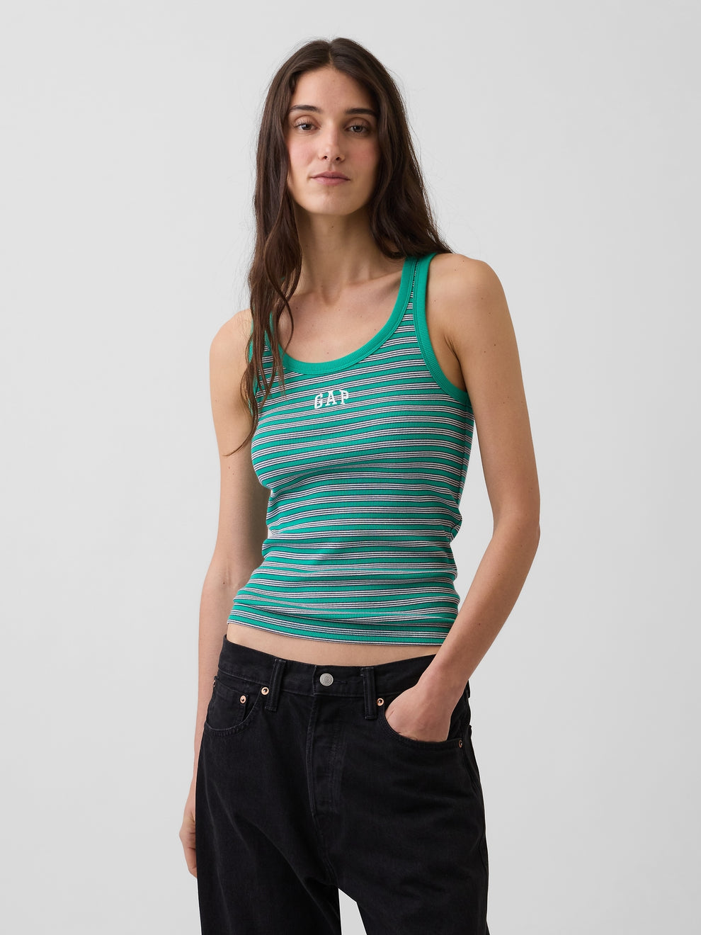 Rib Gap Logo Tank Top in green stripe, front view on a model