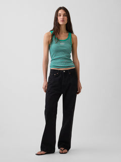 Rib Gap Logo Tank Top in green stripe, full-length view on a model