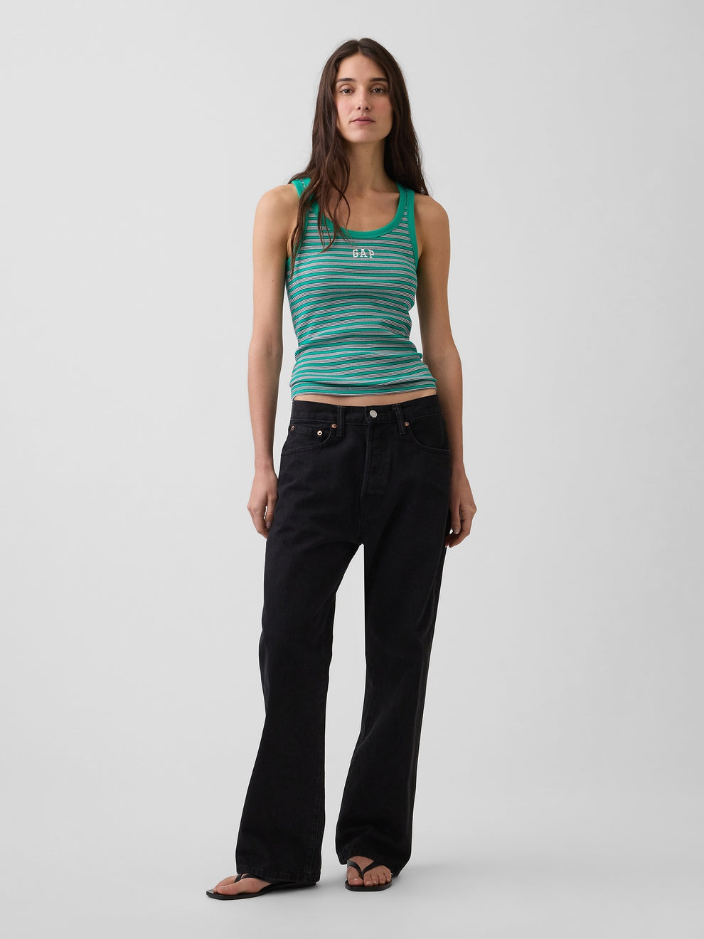 Rib Gap Logo Tank Top in green stripe, full-length view on a model