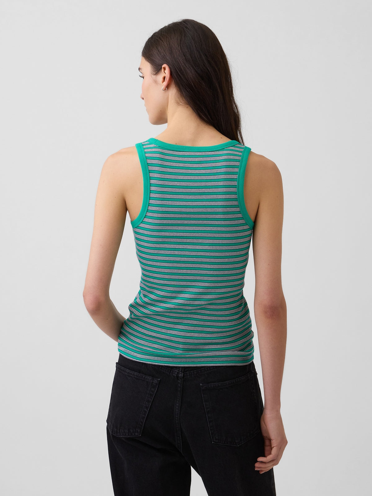 Rib Gap Logo Tank Top in green stripe, back view on a model