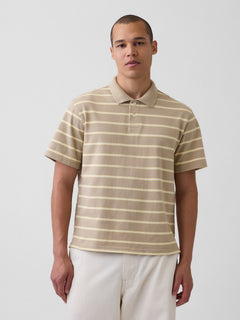 Relaxed Pique Polo - Khaki tan stripe