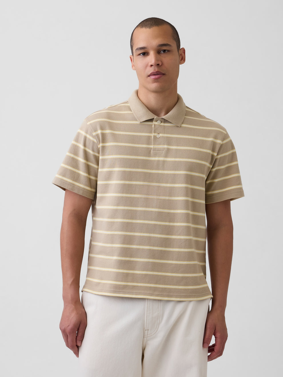 Relaxed Pique Polo - Khaki tan stripe