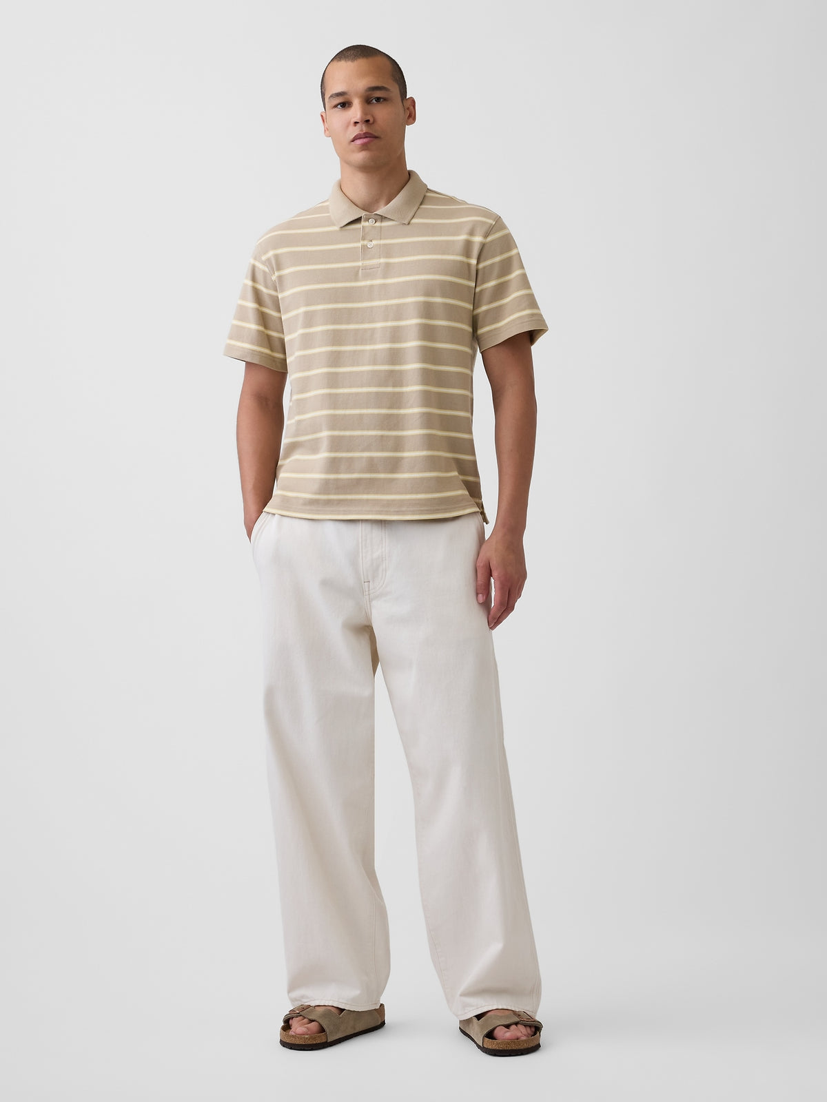 Relaxed Pique Polo - Khaki tan stripe