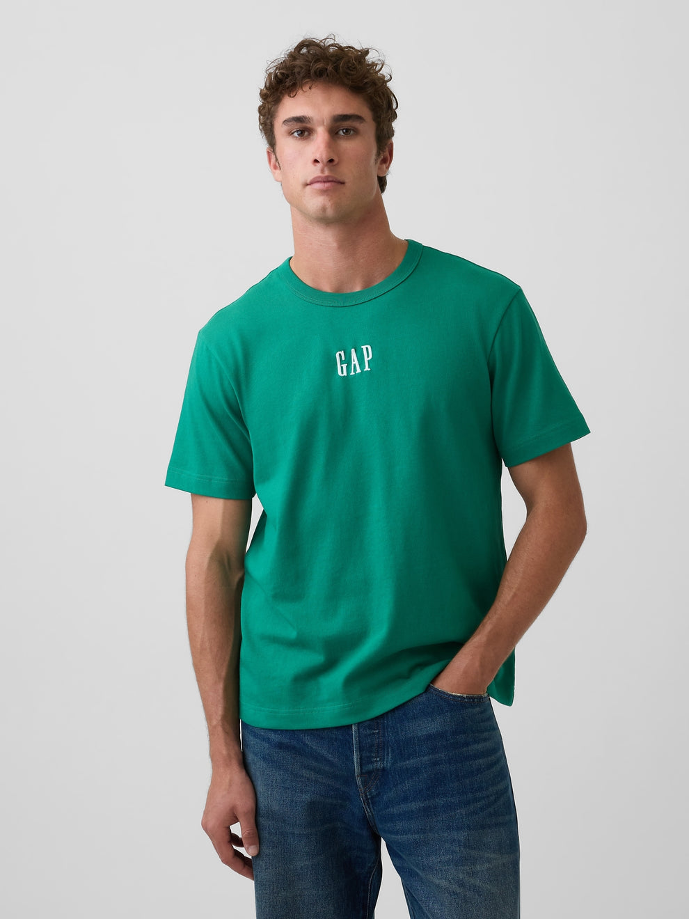 Gap Adult Heavyweight Relaxed Logo T-Shirt in green shade, front view on a model