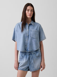 Gap UltraSoft Denim Oversized Camp Shirt in Light wash, front view on a model