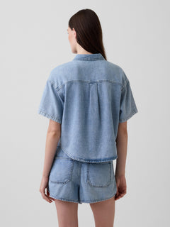 Gap UltraSoft Denim Oversized Camp Shirt in Light wash, back view on a model