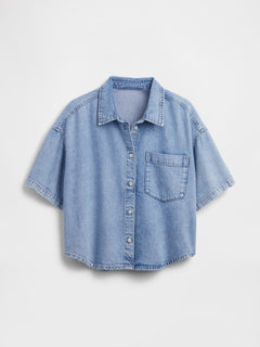 Gap UltraSoft Denim Oversized Camp Shirt in Light wash, product-only front view