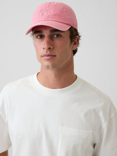 Gap Washed Logo Baseball Hat in Elle pink, front view worn by a model
