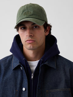 Gap Washed Logo Baseball Hat in Tweed green, front view worn by a model