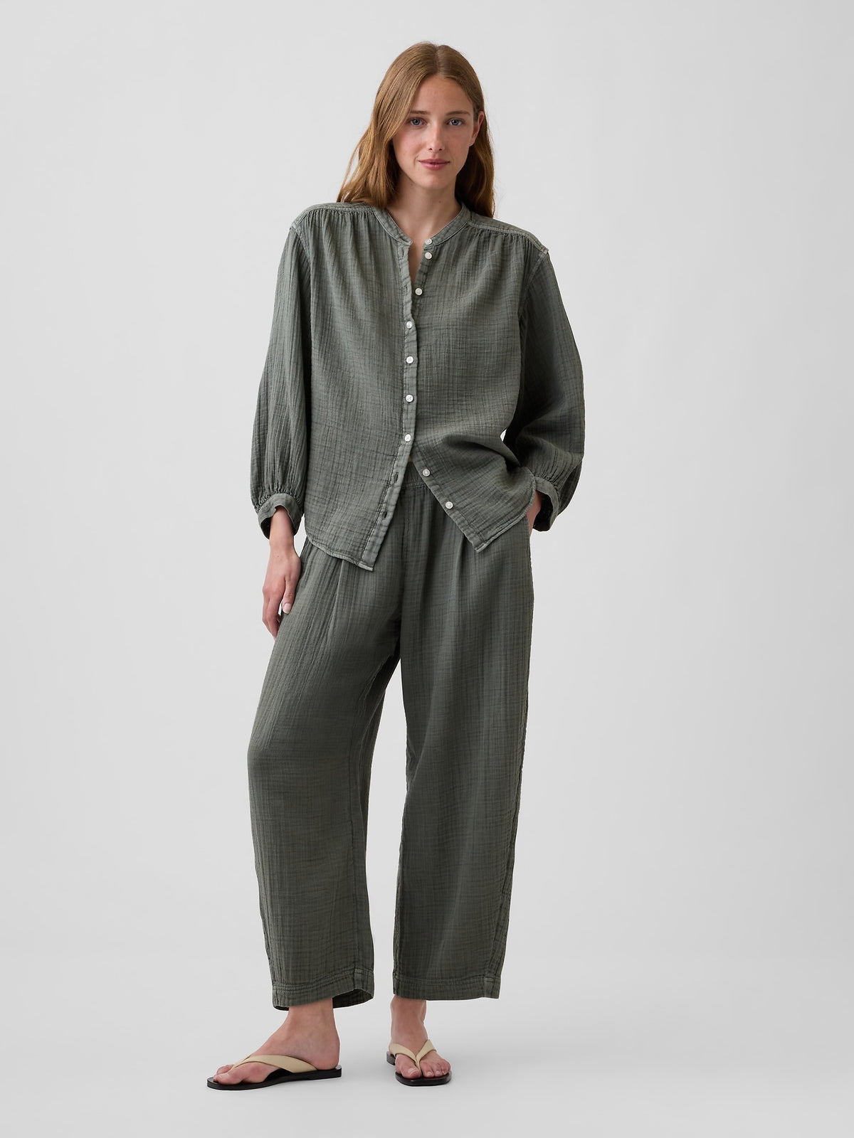 Gap Cotton Gauze Oversized Collarless Shirt in Mesculen green, full-length view on a model