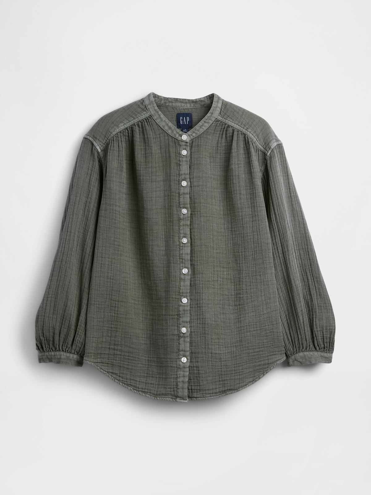 Gap Cotton Gauze Oversized Collarless Shirt in Mesculen green, product-only front view