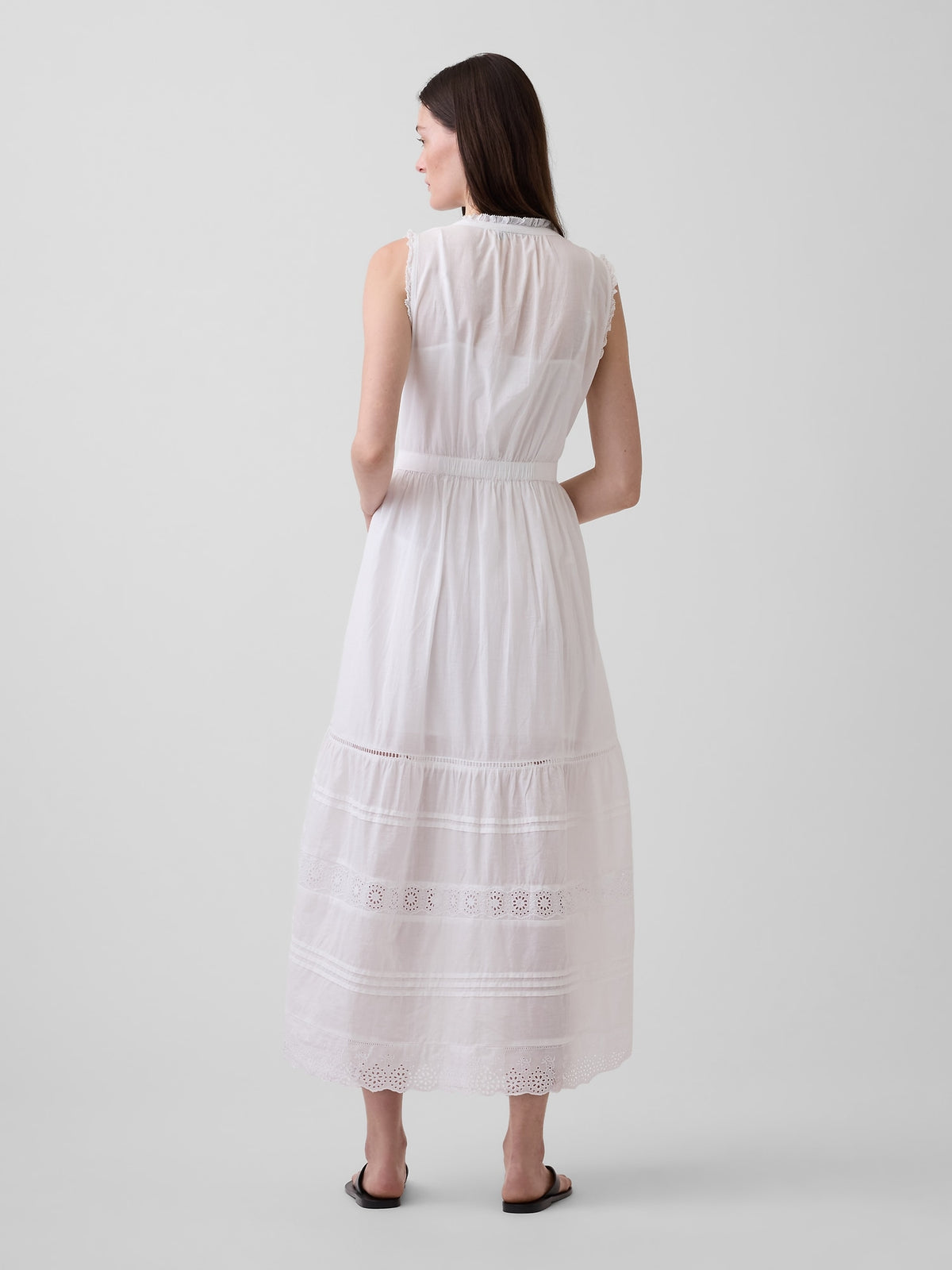 Gap Lace-Trim Tiered Midi Shirtdress in Fresh white, back view on a model