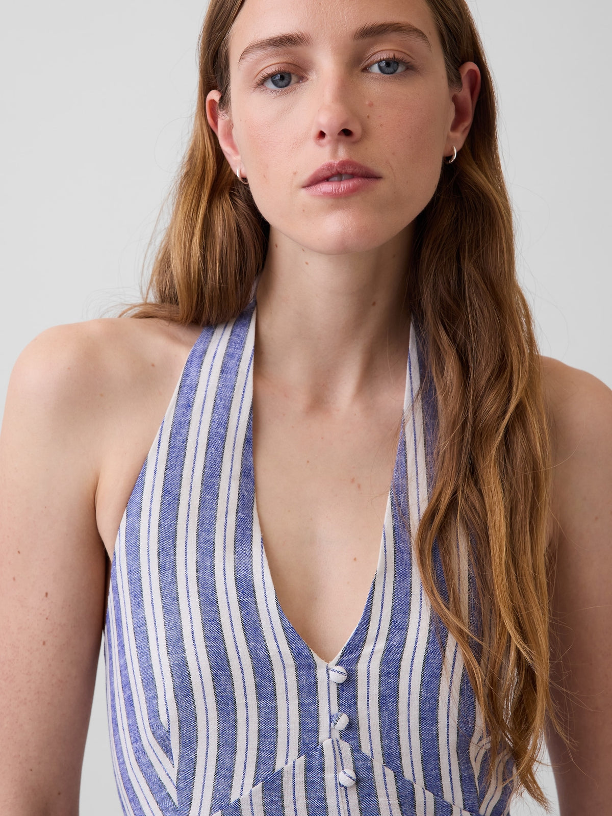 Gap Linen-Blend Halter Maxi Dress in Blue stripe, halter neckline and button detail
