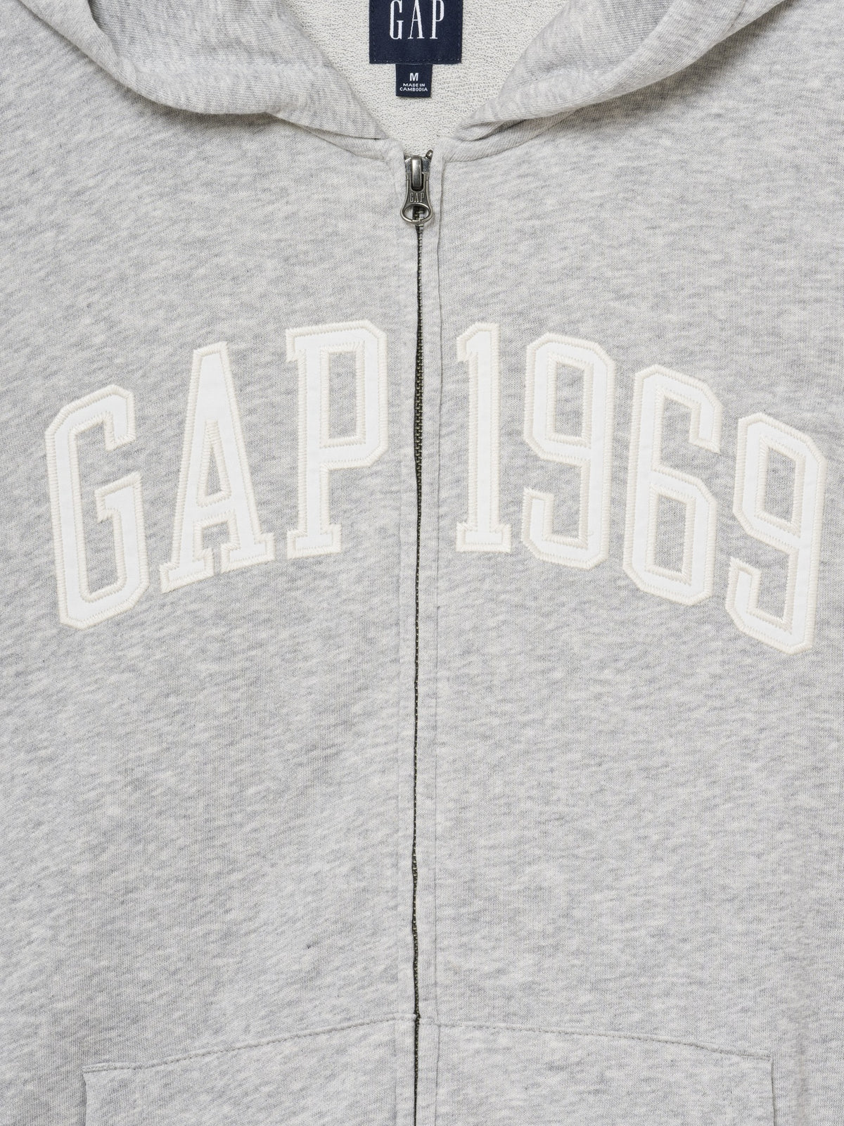 French Terry Relaxed Gap 1969 Logo Zip Hoodie in light heather gray, zip and 1969 logo detail