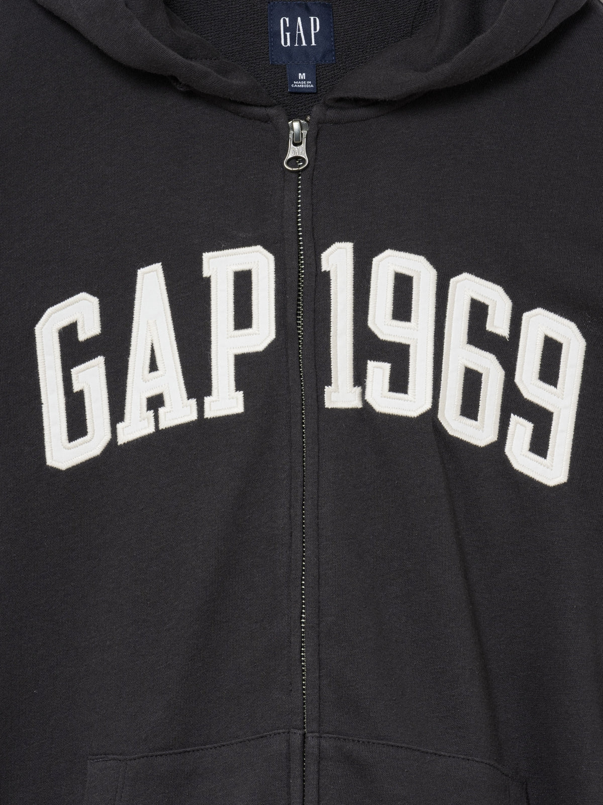 French Terry Relaxed Gap 1969 Logo Zip Hoodie in moonless night, zip and 1969 logo detail