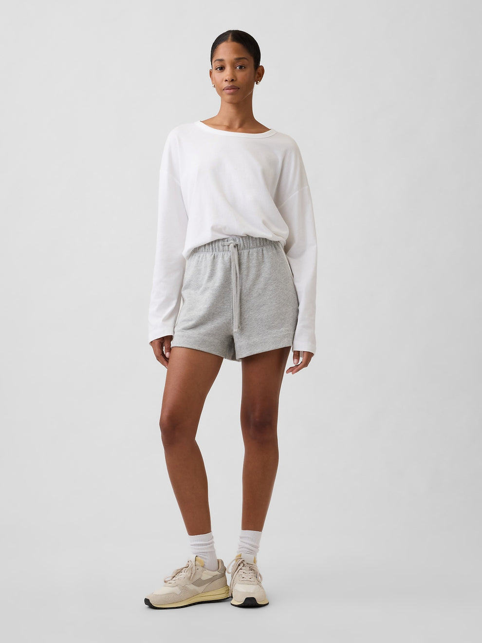 Gap Relaxed Stripe French Terry Shorts in Grey, full-length view on a model
