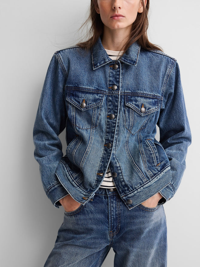 Gap × A.P.C. Lined Icon Denim Jacket in Med paris, front view on a model