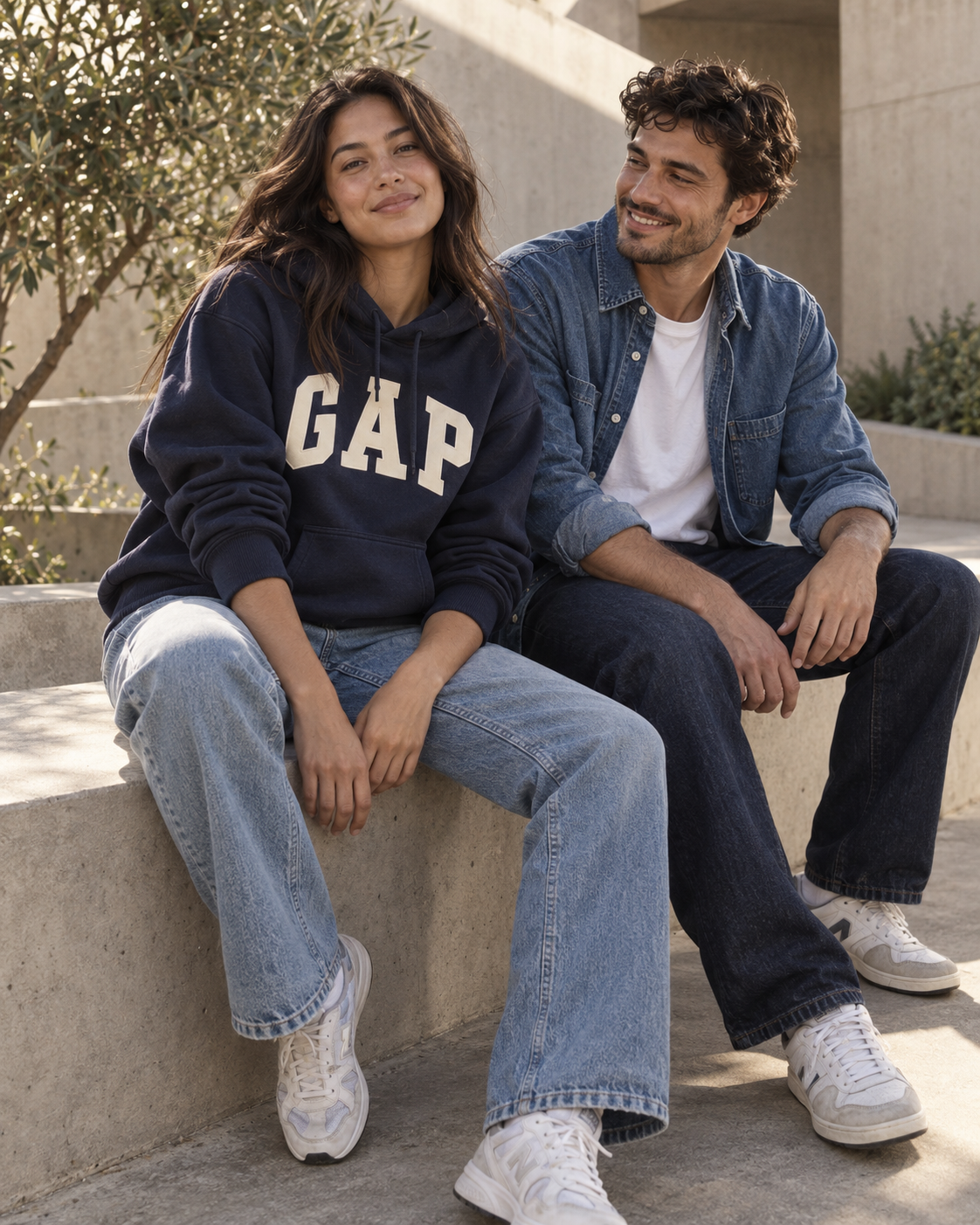 AI-created lifestyle image of two adults wearing a navy GAP hoodie and denim.
