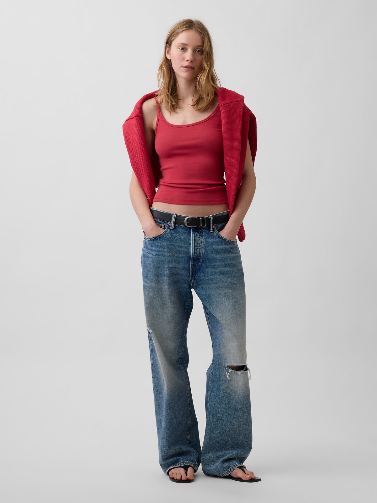 Gap Modern Crop Cami in Chakra red, full-length view on a model