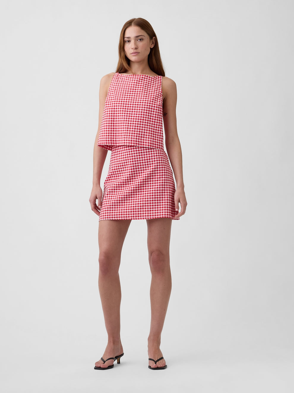 Linen-Blend Apron Top - Red gingham