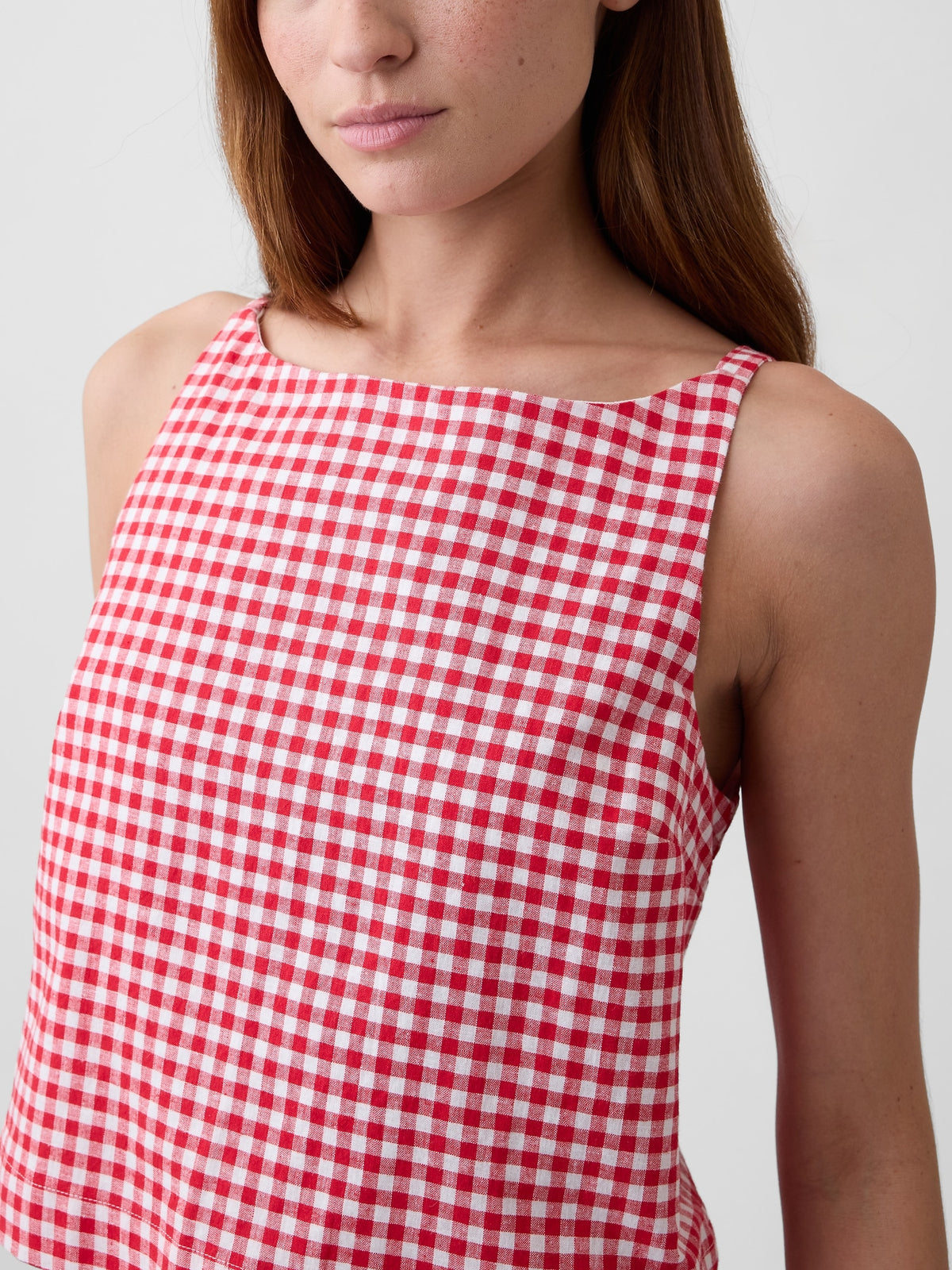 Linen-Blend Apron Top - Red gingham
