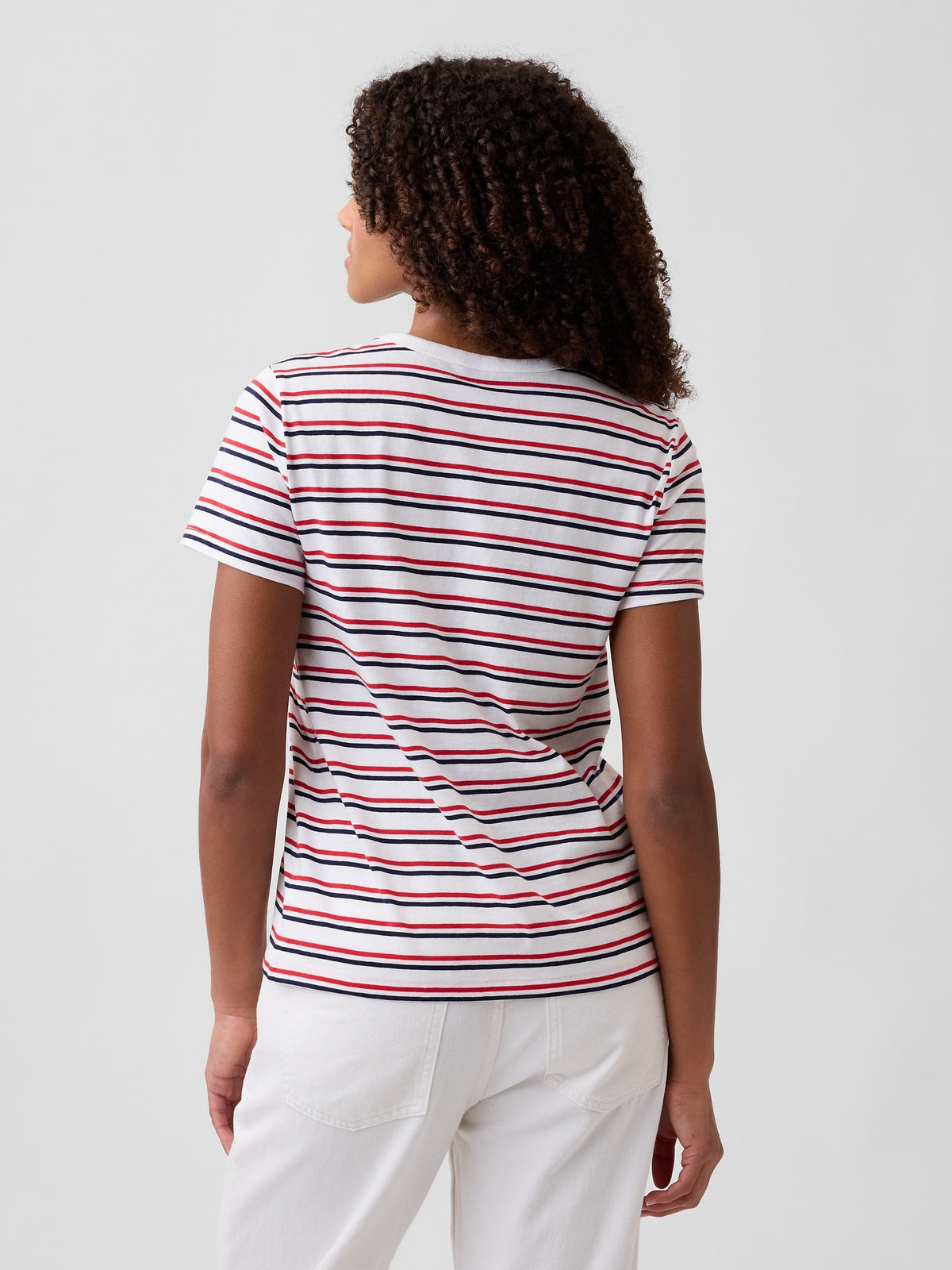 Gap Favorite Stripe Crewneck T-Shirt in Rainbow stripe, back view on a model