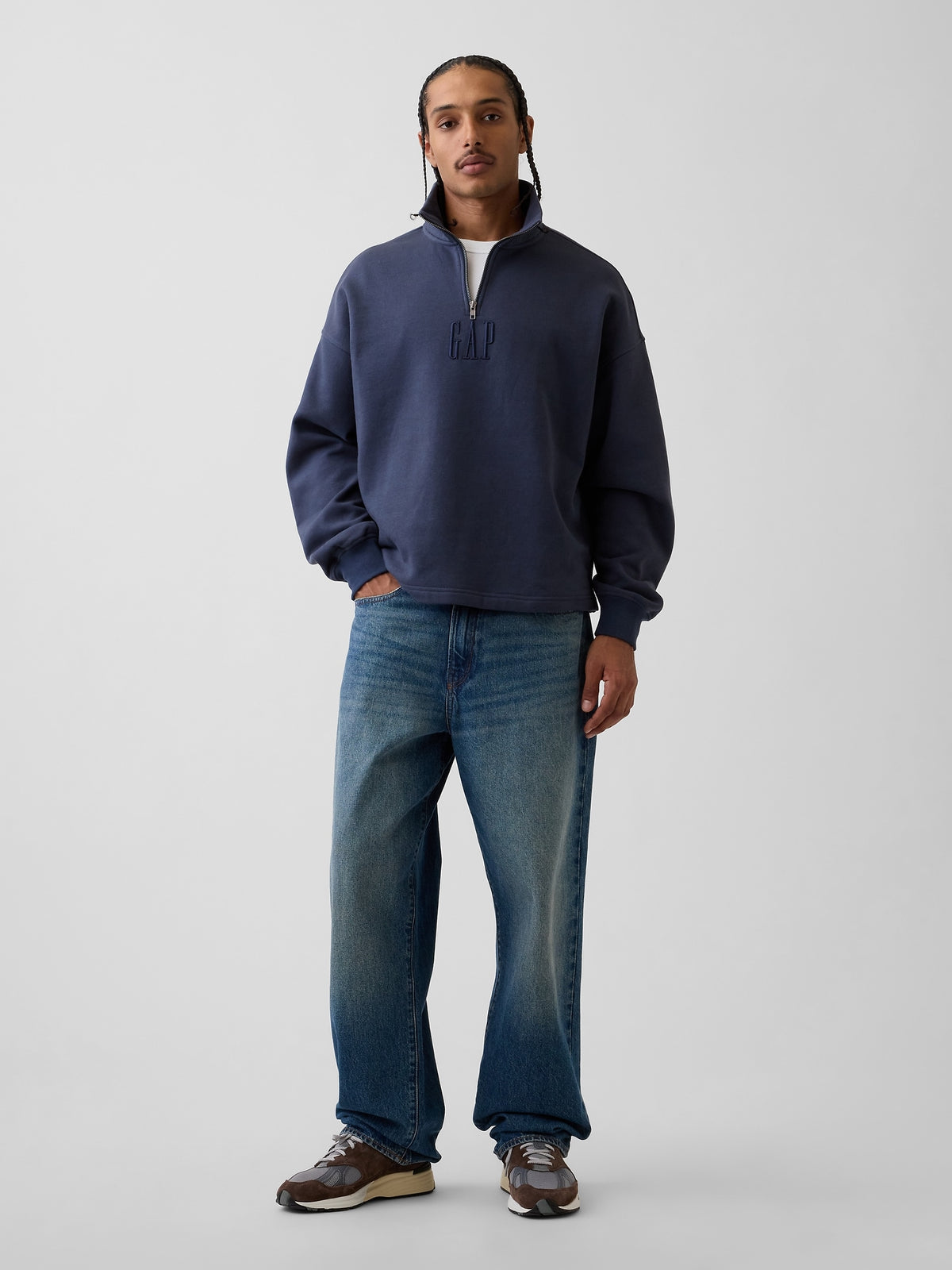 Gap Heavyweight Oversized Logo Quarter-Zip Pullover in Vintage navy blue, full-length view on a model