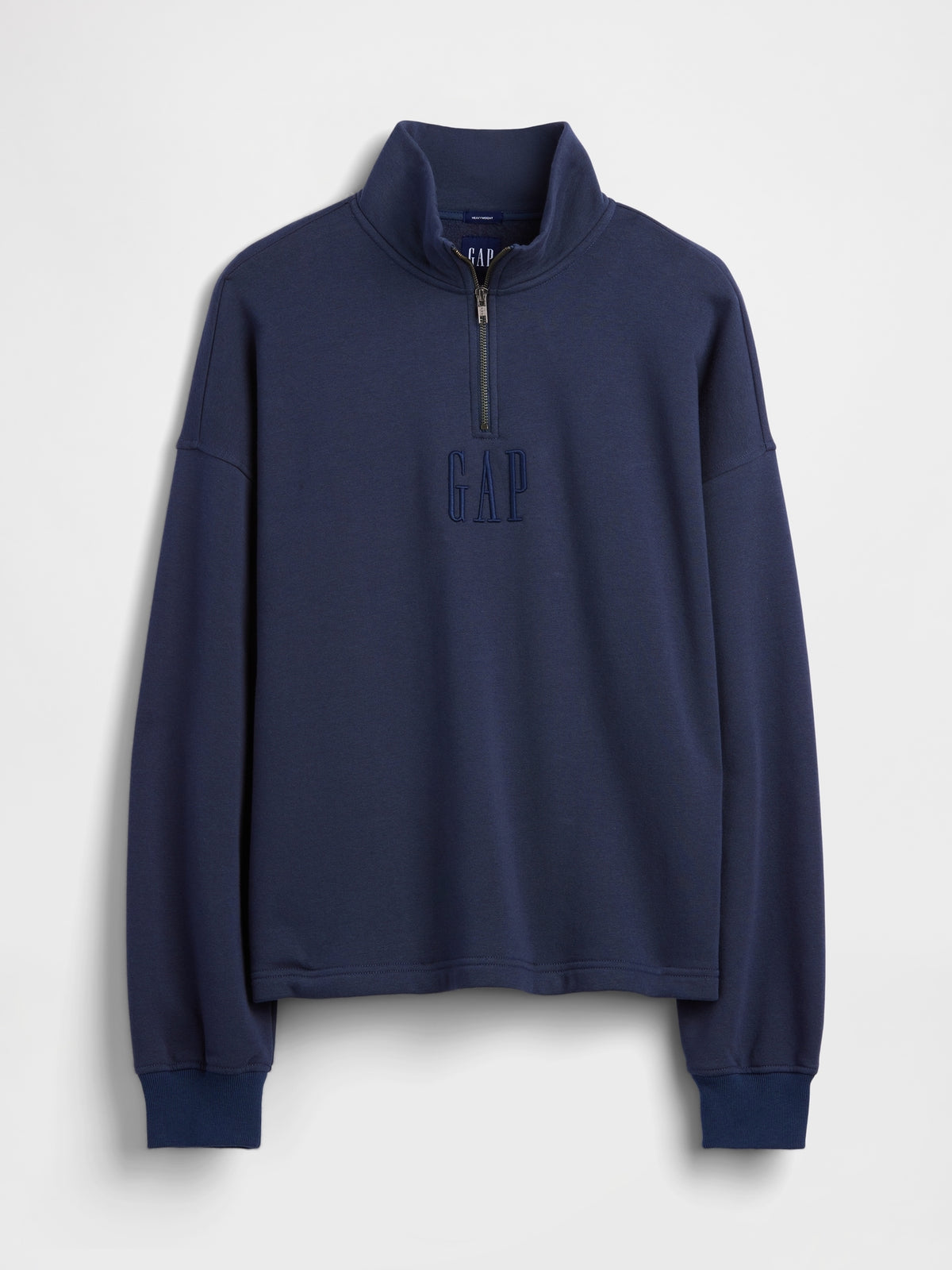 Gap Heavyweight Oversized Logo Quarter-Zip Pullover in Vintage navy blue, product-only front view