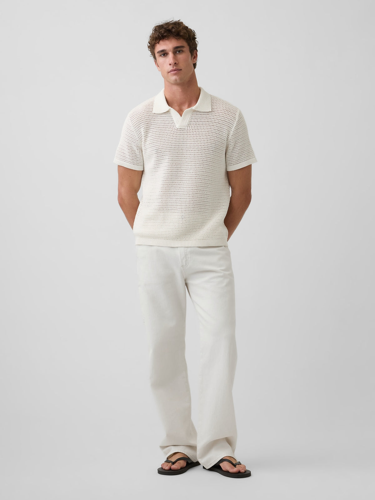 Gap Mesh Polo Sweater in off-white, full-length view on a model