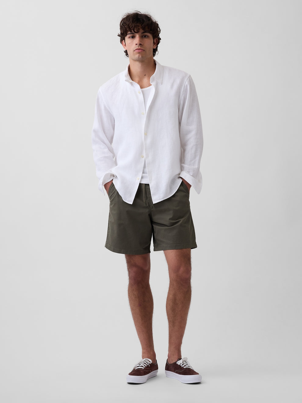 Gap 7" Relaxed Easy Shorts in SURPLUS, full-length view on a model