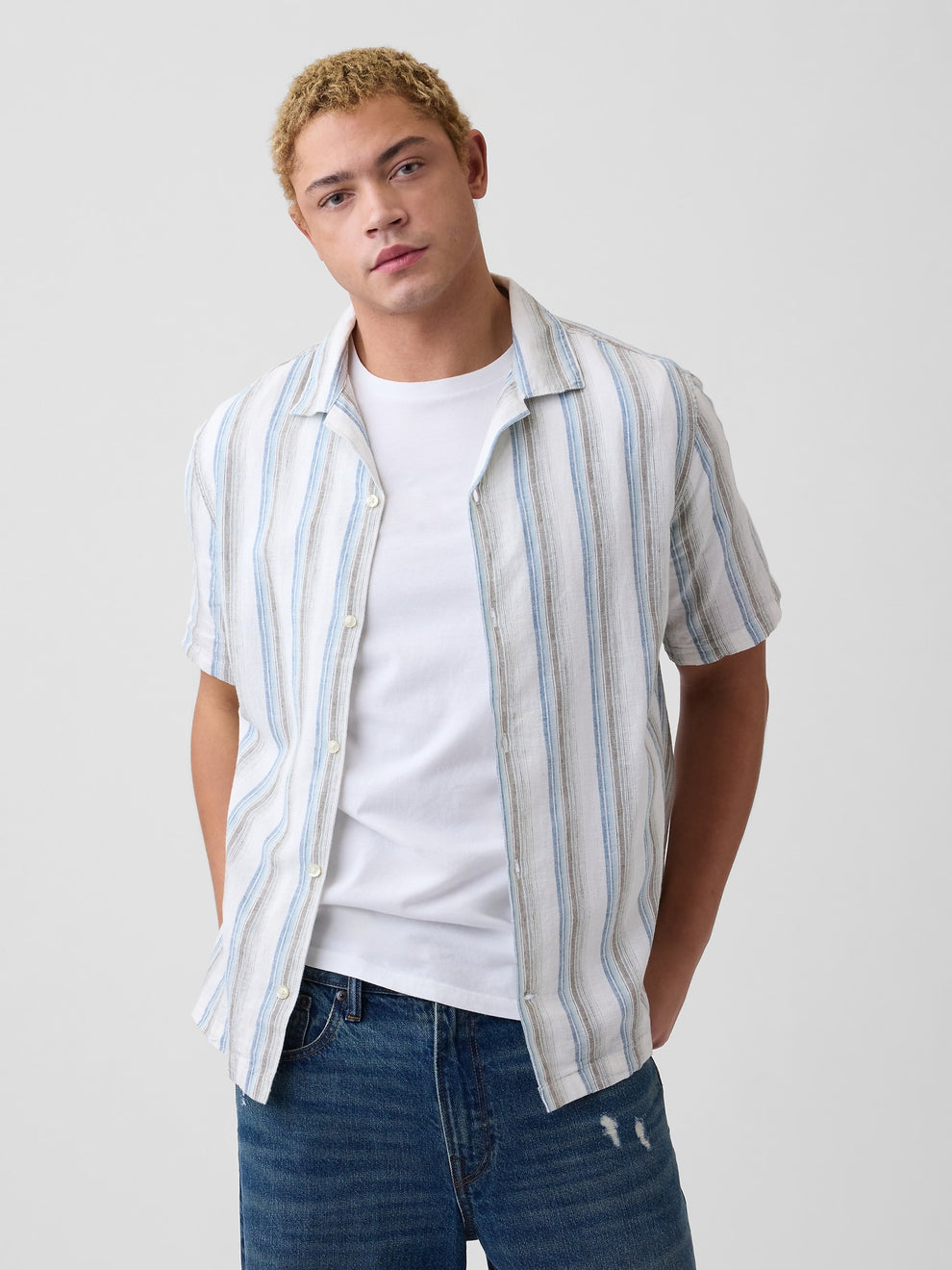 Linen-Blend Vacay Shirt in Standard Fit - Green stripe