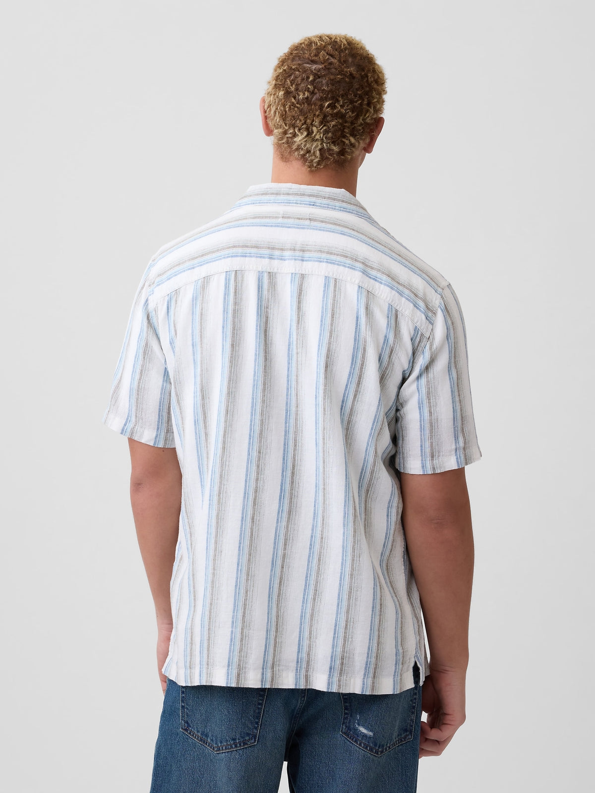 Linen-Blend Vacay Shirt in Standard Fit - Green stripe