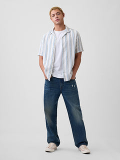 Linen-Blend Vacay Shirt in Standard Fit - Green stripe