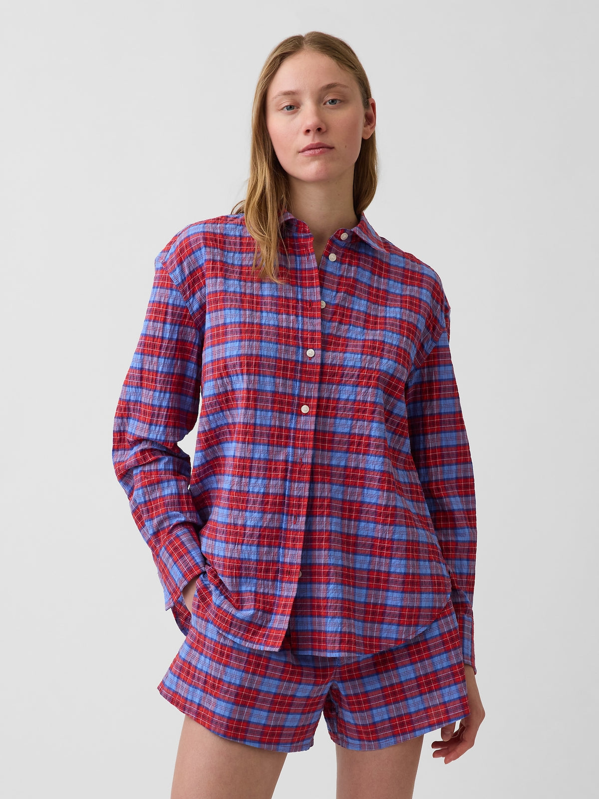 Seersucker Plaid Oversized Shirt - Red & navy blue gingham