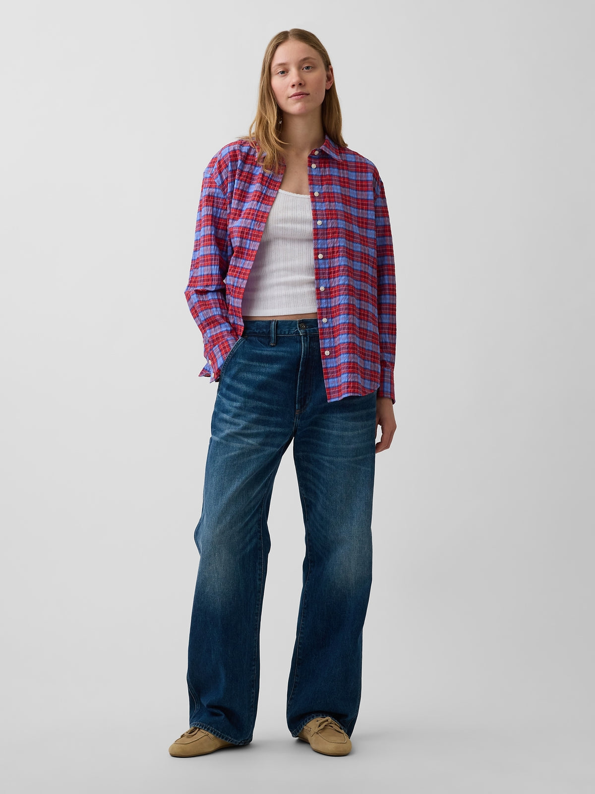 Seersucker Plaid Oversized Shirt - Red & navy blue gingham