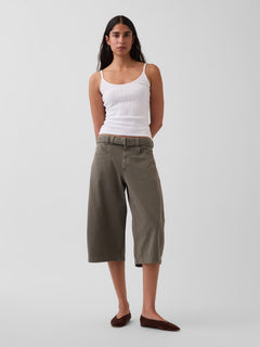 Mid Rise Belted Culotte Barrel Pants - Black moss green