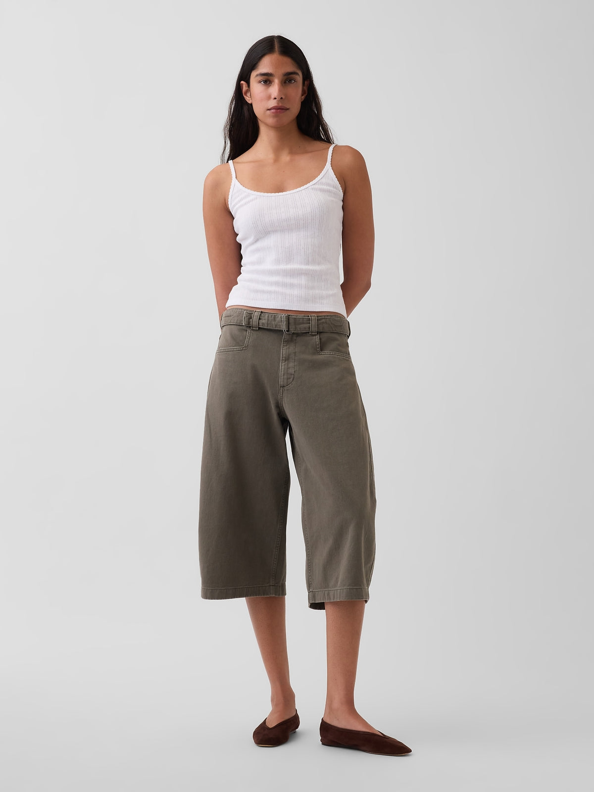 Mid Rise Belted Culotte Barrel Pants - Black moss green