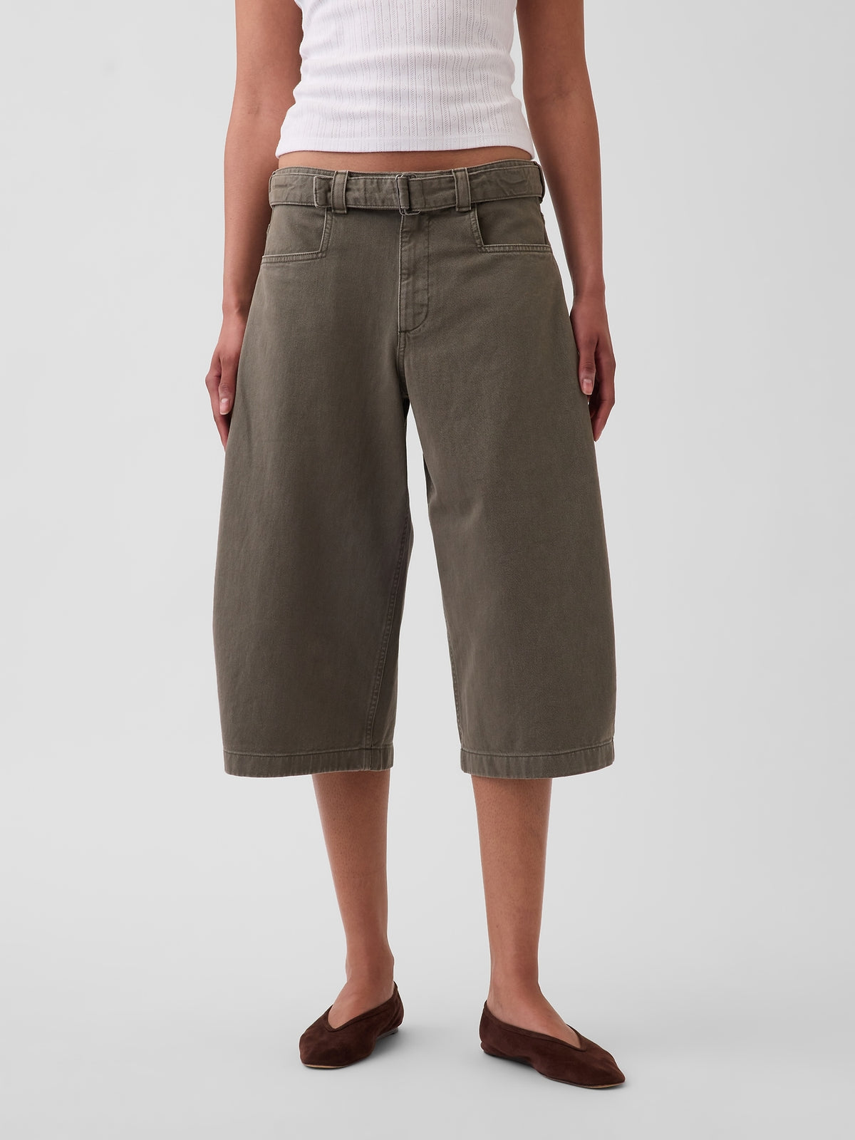 Mid Rise Belted Culotte Barrel Pants - Black moss green