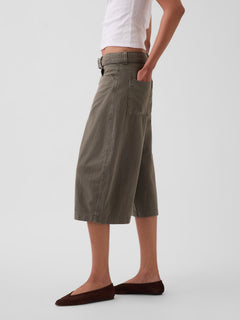 Mid Rise Belted Culotte Barrel Pants - Black moss green