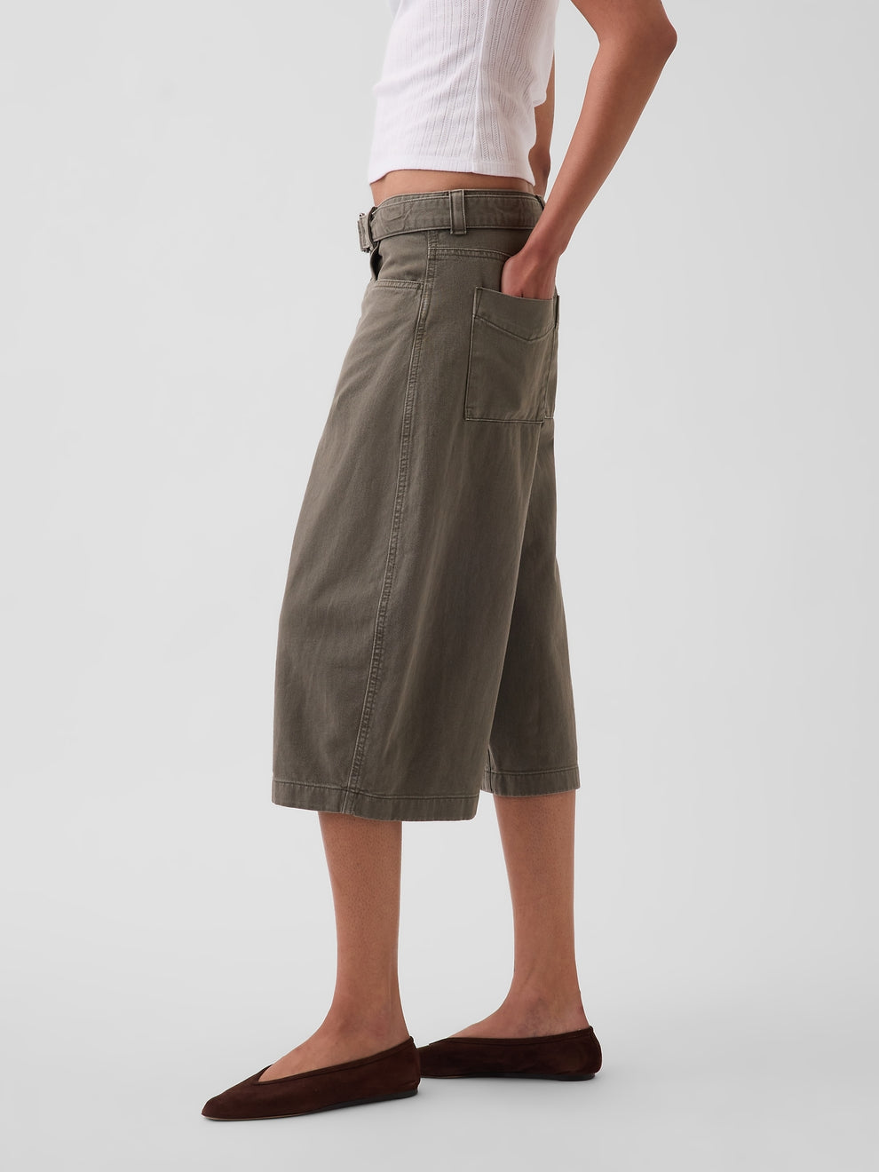 Mid Rise Belted Culotte Barrel Pants - Black moss green