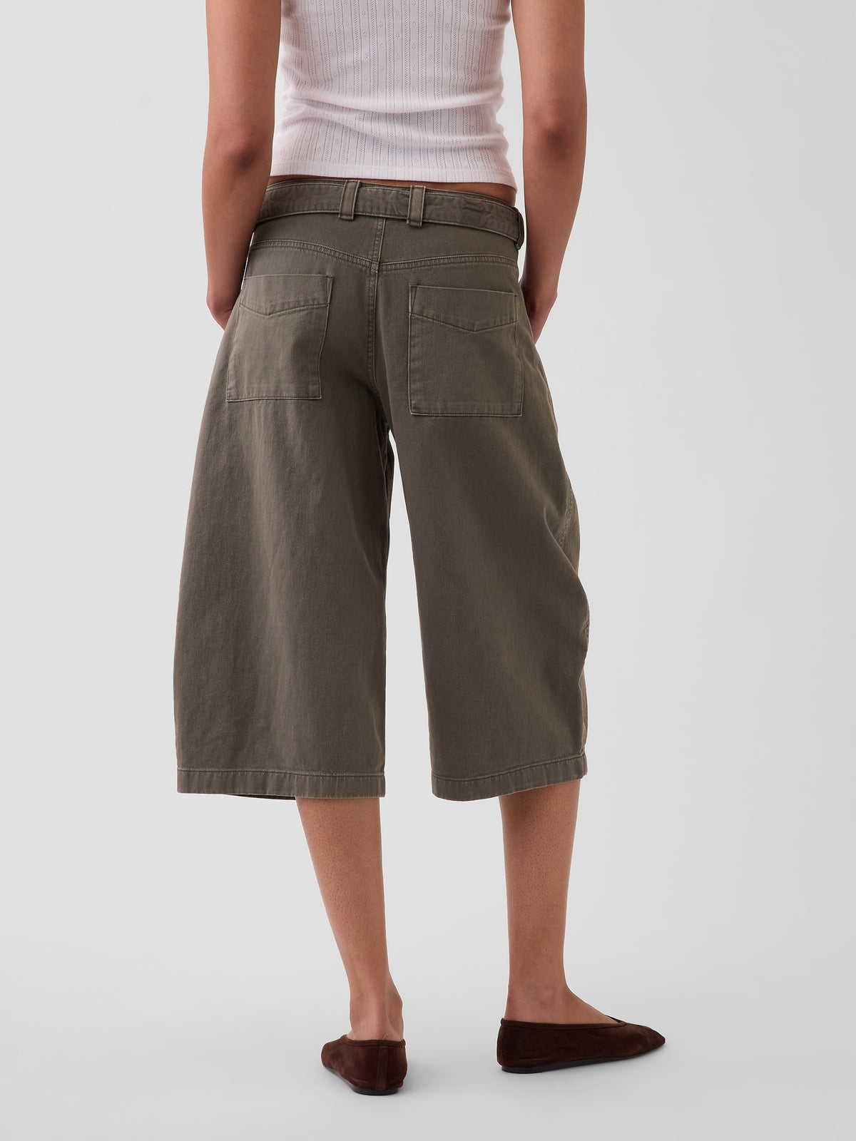 Mid Rise Belted Culotte Barrel Pants - Black moss green